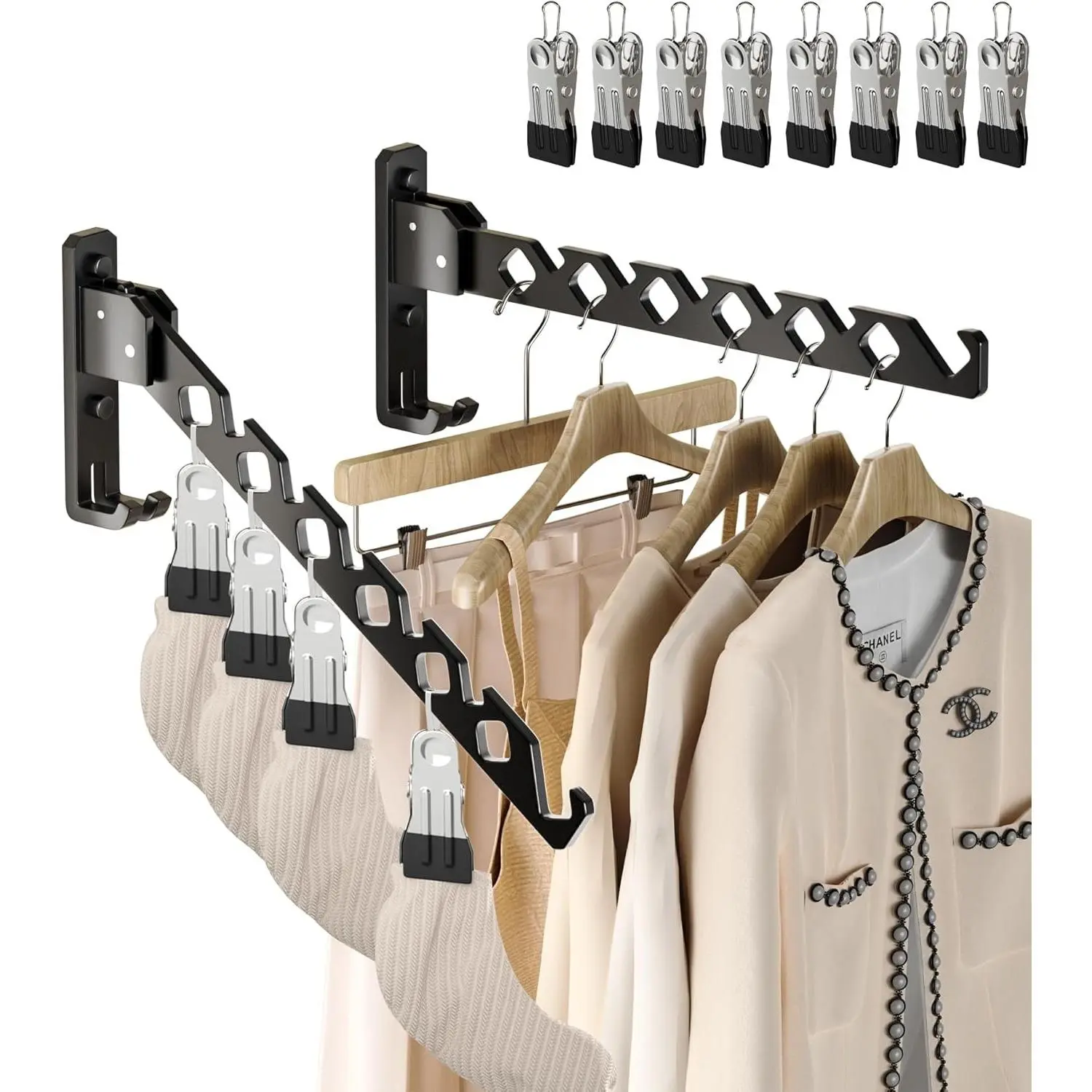 Retractable Folding Aluminium Wall Mount Coat Hanger Holder 2 Pack Black with 8 Hooks Space Saving Clothes Organizer for Laundry Room Bedroom
