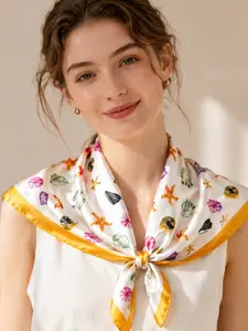 Shell Starfish Print Scarf, 68x68cm Satin Material, Beach & Daily Accessory, Nautical Scarf, Silk-Like Fabric, All Seasons, Square Scarf, Headscarf, Shawl，Hijab