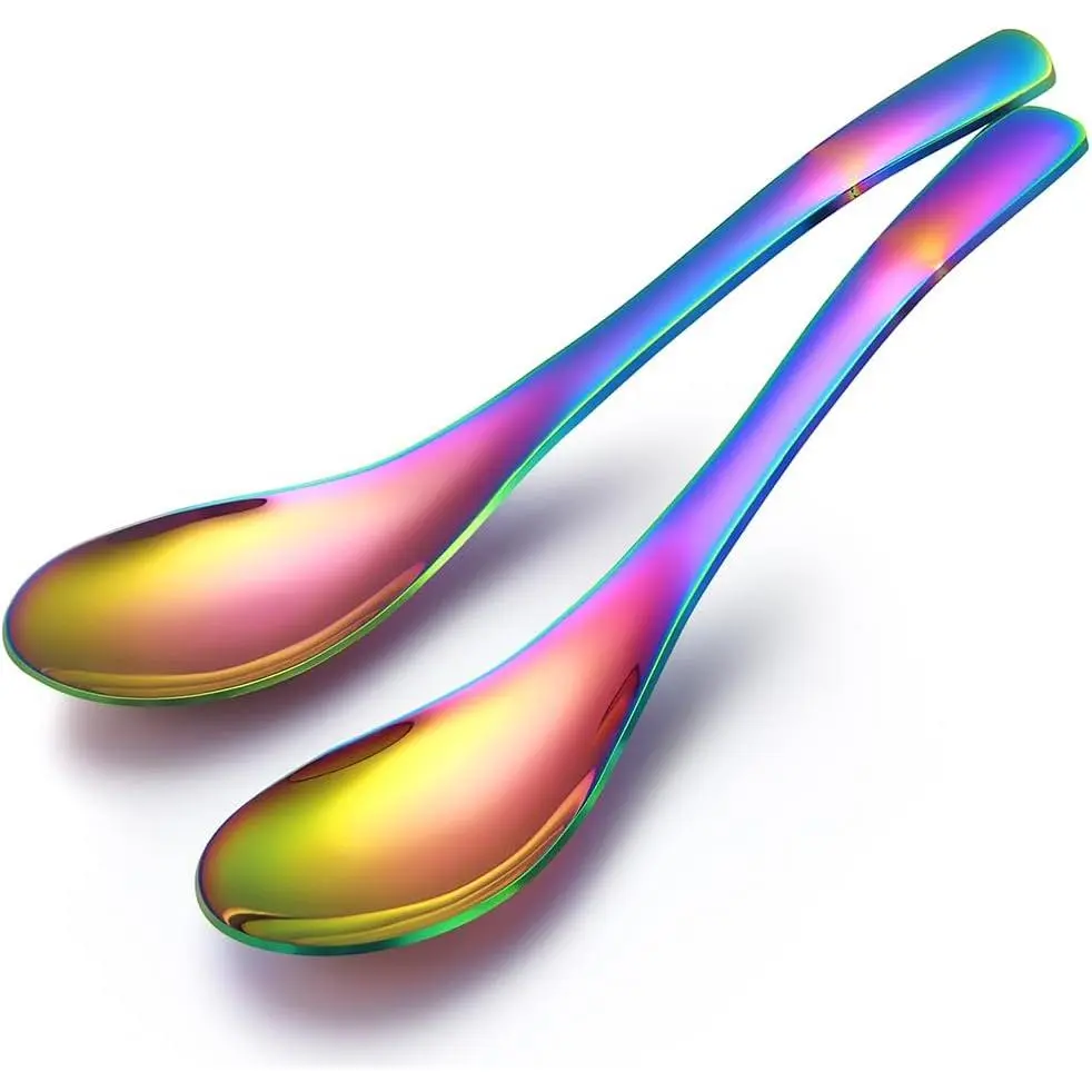 Rainbow Soup Spoons,Stainless Steel Korean Spoons,2 Pcs | Heavy Duty Thick Short Handle Ramen Spoon for Soup Cereal, Soup Spoon