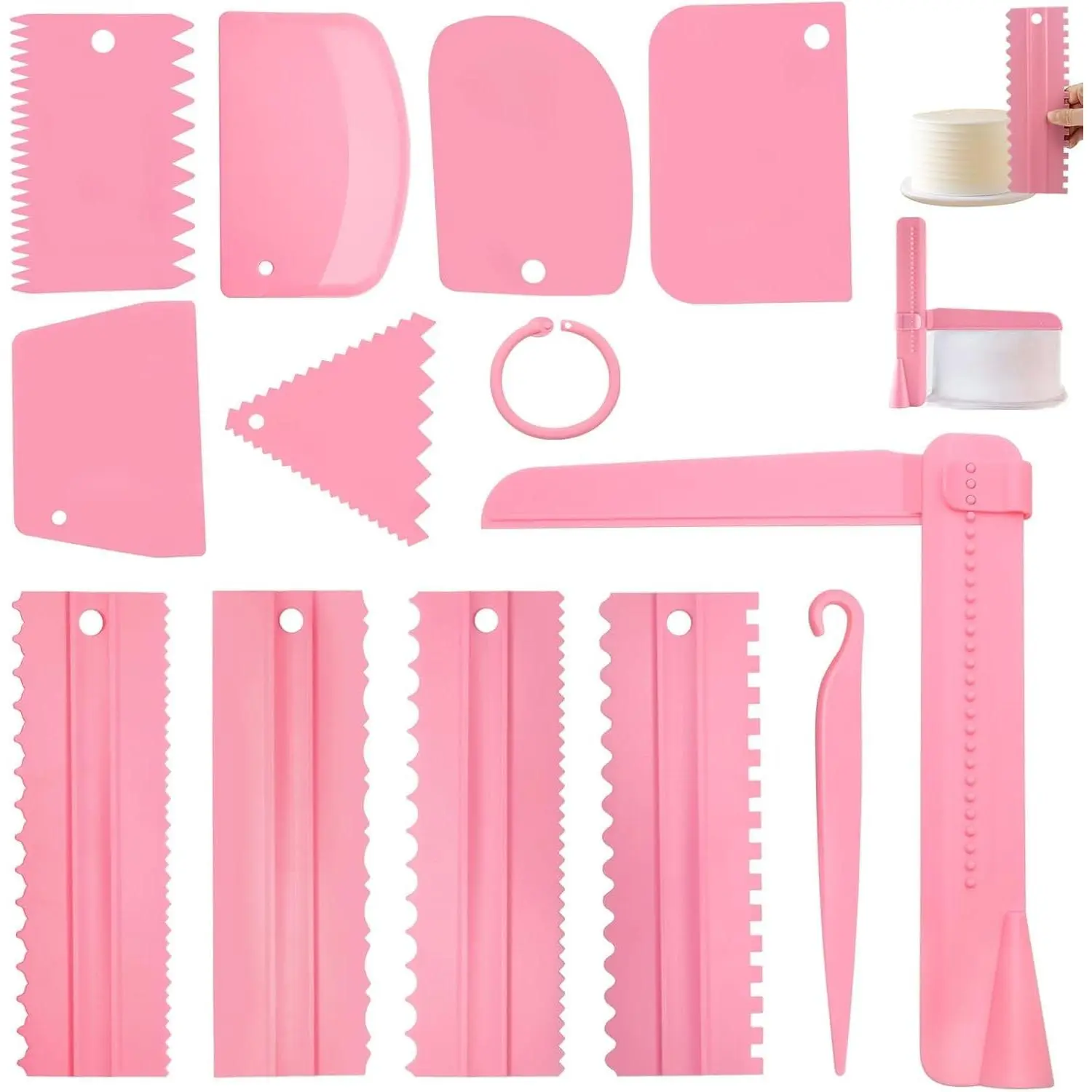 12 Pcs Adjustable Pink Cake Smoother Set, Plastic Cake Decorating Tools Comb & Dough Scrapers for Baking Pastries