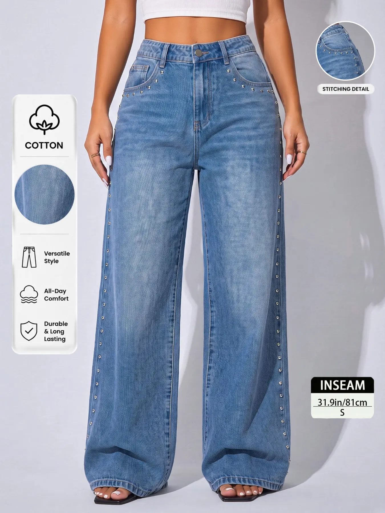 Low Rise Baggy Wide Leg Jeans, Distressed Studded Denim with Medium Wash, Whiskering & Grinded Wash, Slimming Trendy Streetwear for Women, Sexy Casual Summer Pants, All Seasons Latina Style Bottoms