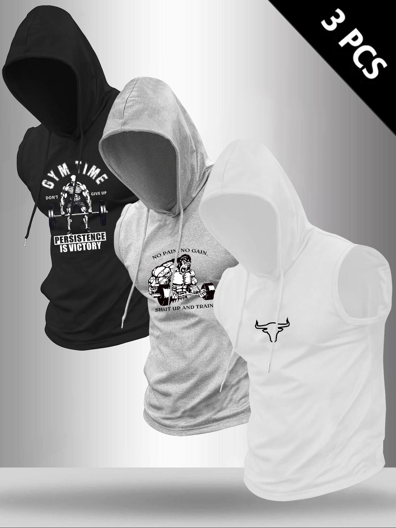 Men's 3-Piece Set Letter Print Hooded Sleeveless T-Shirt, Casual Comfortable Summer Outdoor Fitness Vest, Fitted Style