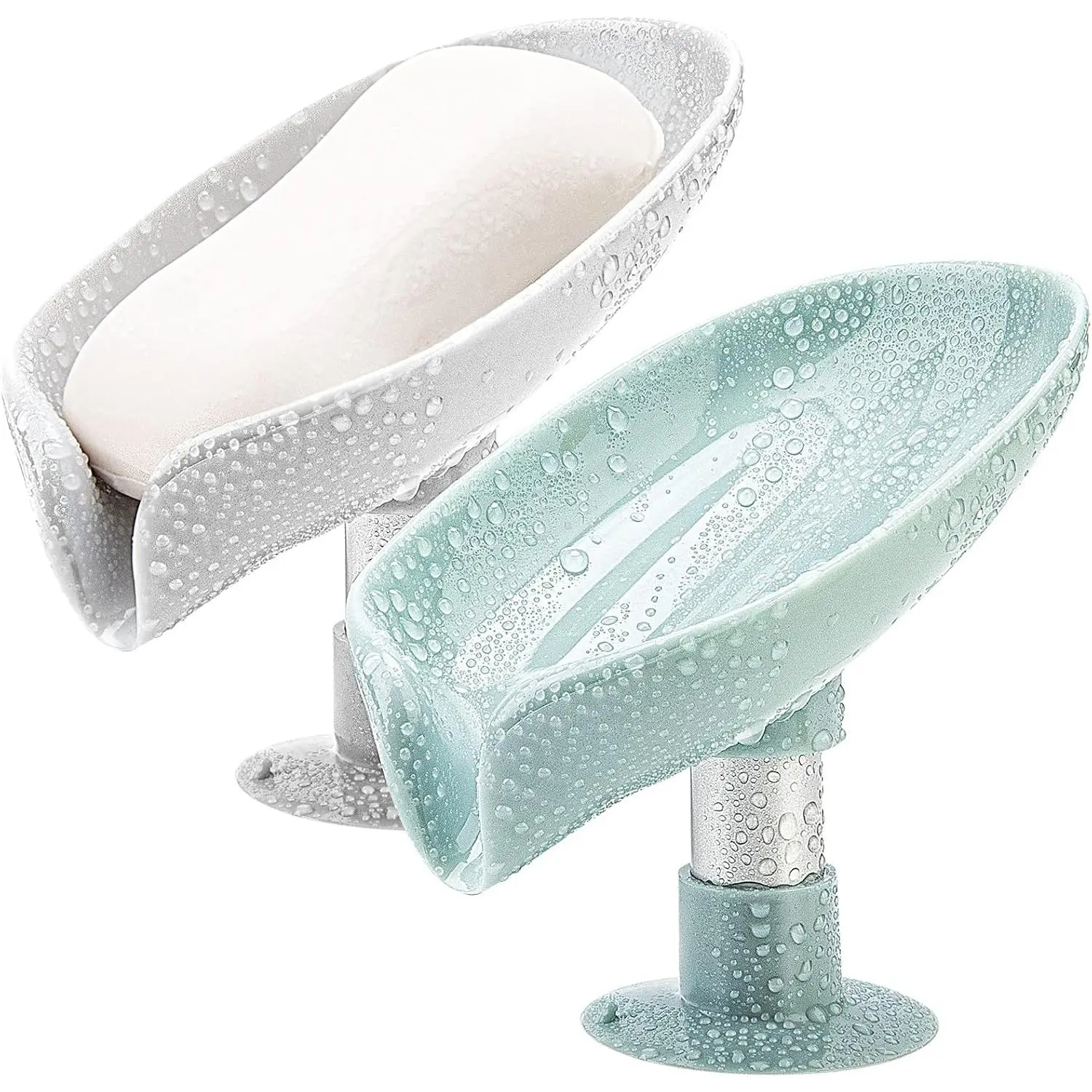 2 Pack Soap Holder Leaf-Shape Self Draining Soap Dish Holder, Not Punched Easy Clean Bar Soap Holder, with Suction Cup Soap Dish Suitable for Shower, Bathroom, Kitchen Sink (Grey + Green)