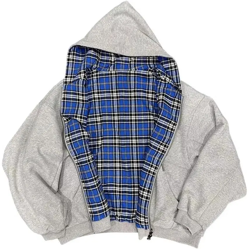 Mens Oversized Reversible Hoodies Women Plaid Preppy Hoodie Streetwear Vintage Zipper Hooded Sweatshirt