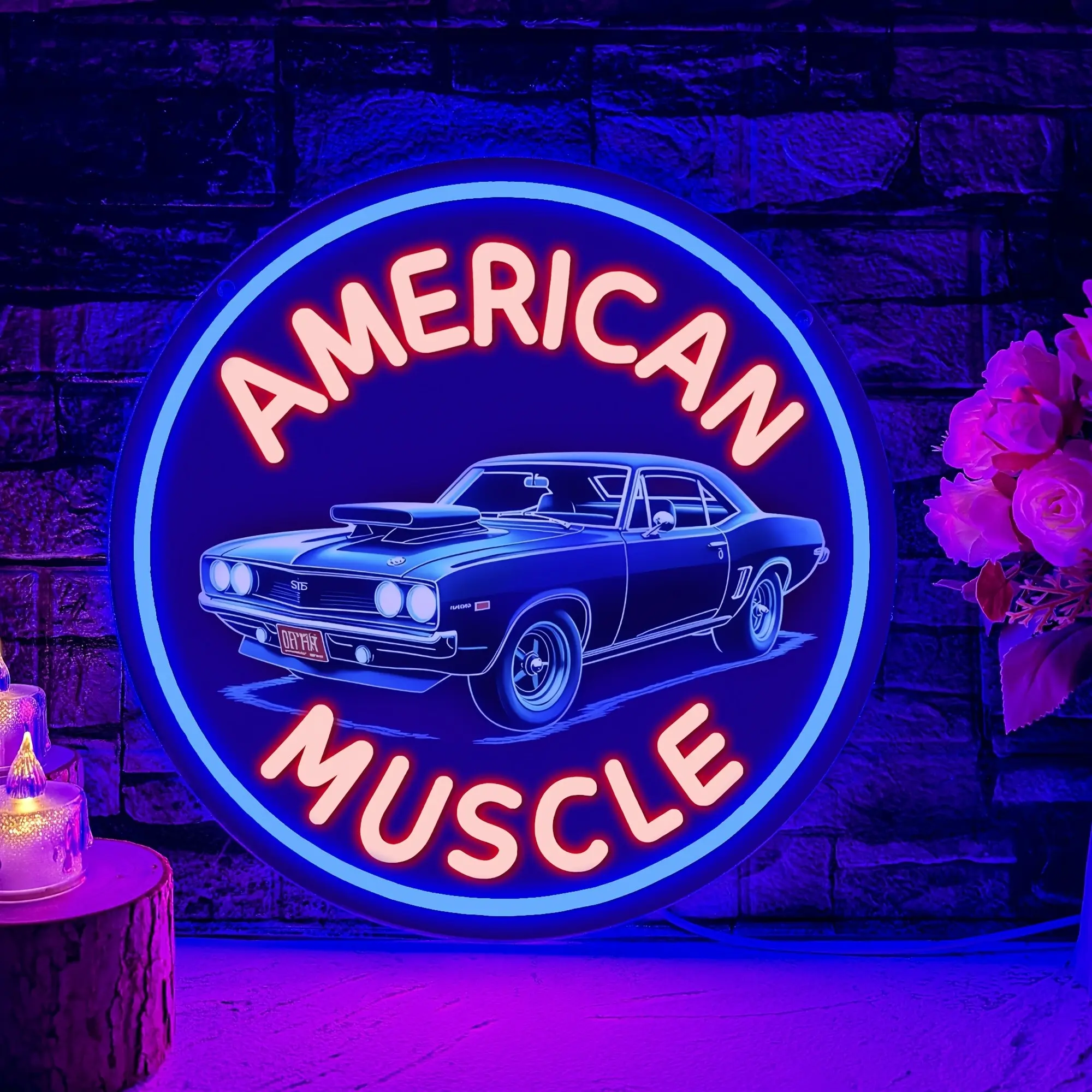Muscle Car LED Neon Sign — Printed Car Graphic, USB-Powered, Wall-Mountable Design — Crafted from Acrylic — Ideal for Men's Man Caves, Garages, and Automotive-Themed Displays
