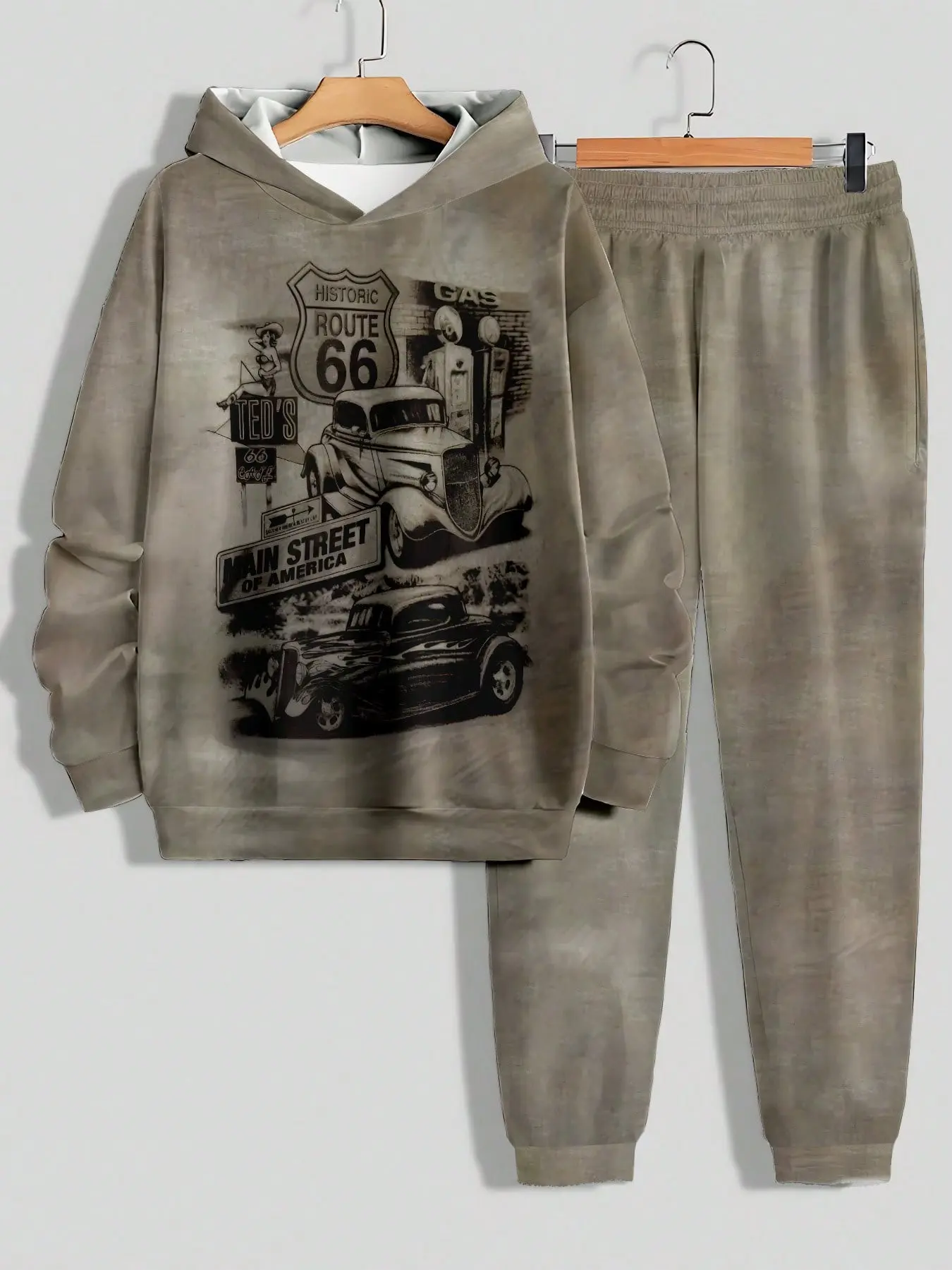 Vintage 66 Highway Vintage Car Print Hoodie Pants Set, American Casual Loose Fit, Campus Daily Wear, All Seasons