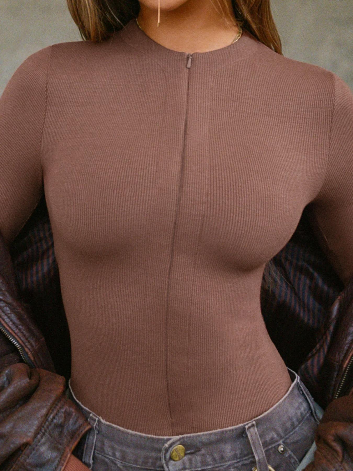 Women's Slim-Fit Casual Zipper Long Sleeve T-Shirt, Thin Knit Fabric Daily Wear Top, Fall Season Comfortable Clothing for Women