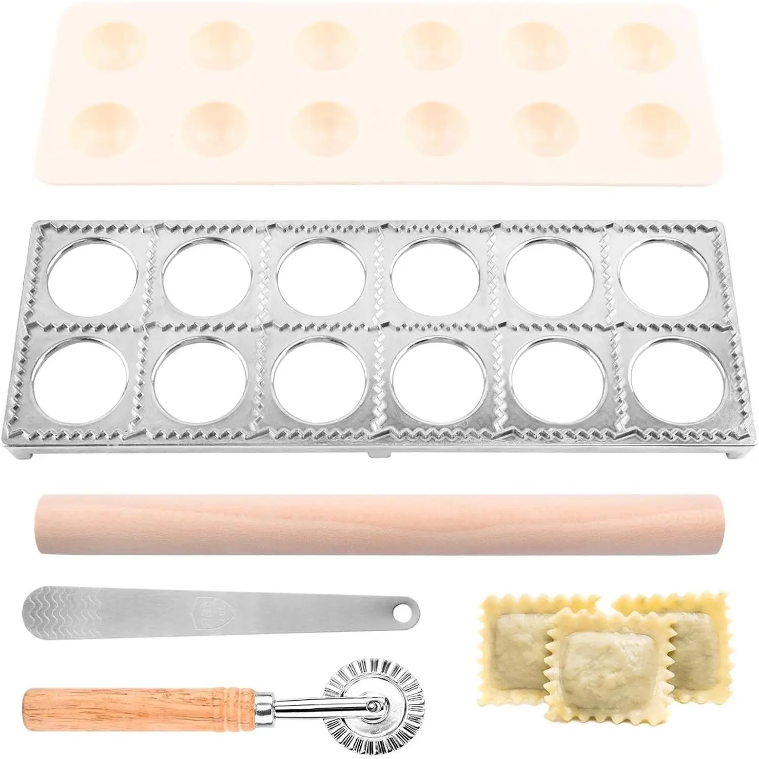 Ravioli Press Mold Set 12 Holes Ravioli Maker Press with Pasta Cutter Stamp Wood Rolling Pin Filling Spoon Pasta Making Tools for Ravioli Dumpling Hand Pie