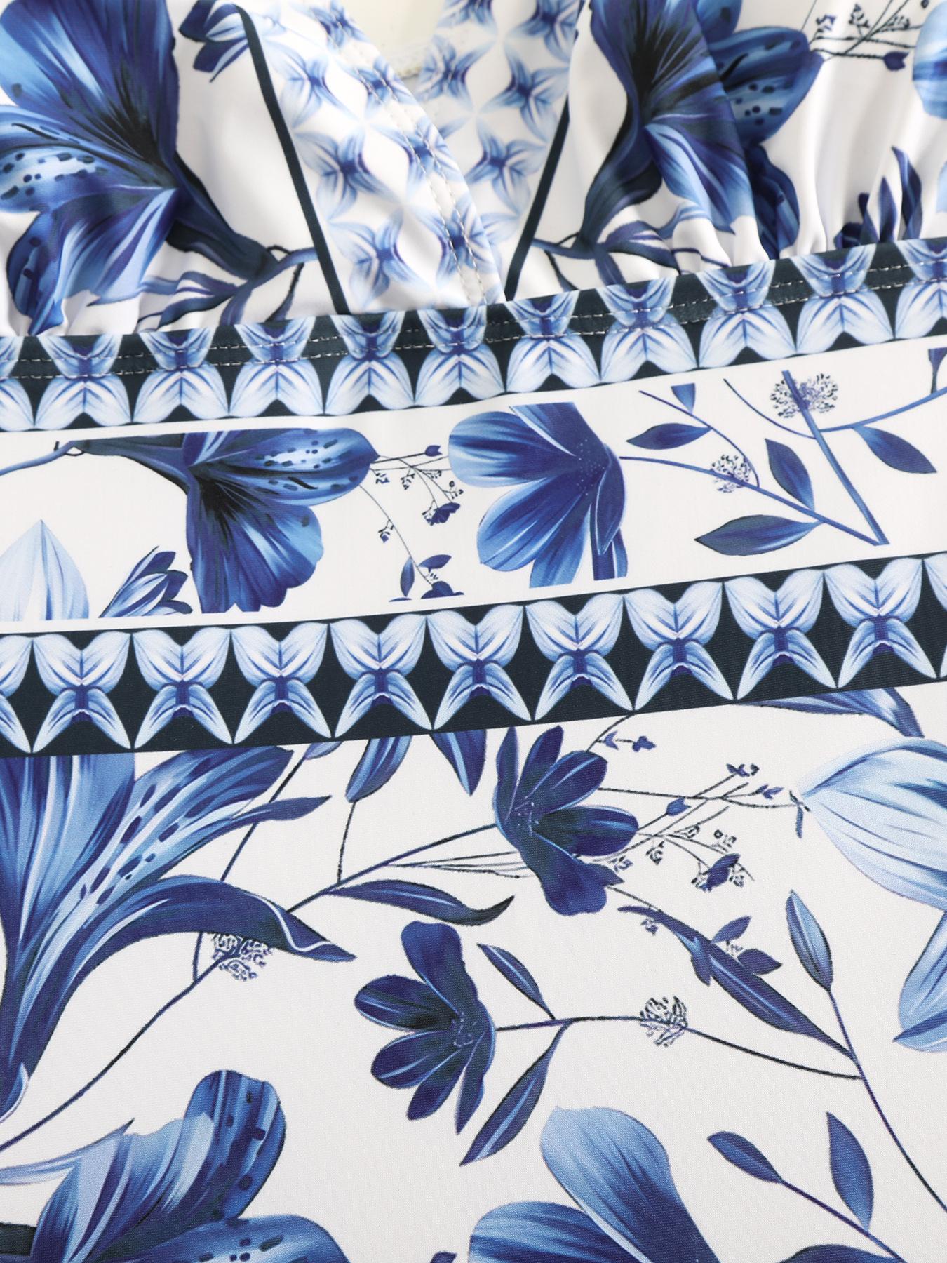 Women's V Neck Bohemian Print One-Piece Swimsuit and Matching Cover Skirt Set Summer Swimdress Swimming Vacation Beach Bathing SuitSuit Stylish Beachwear