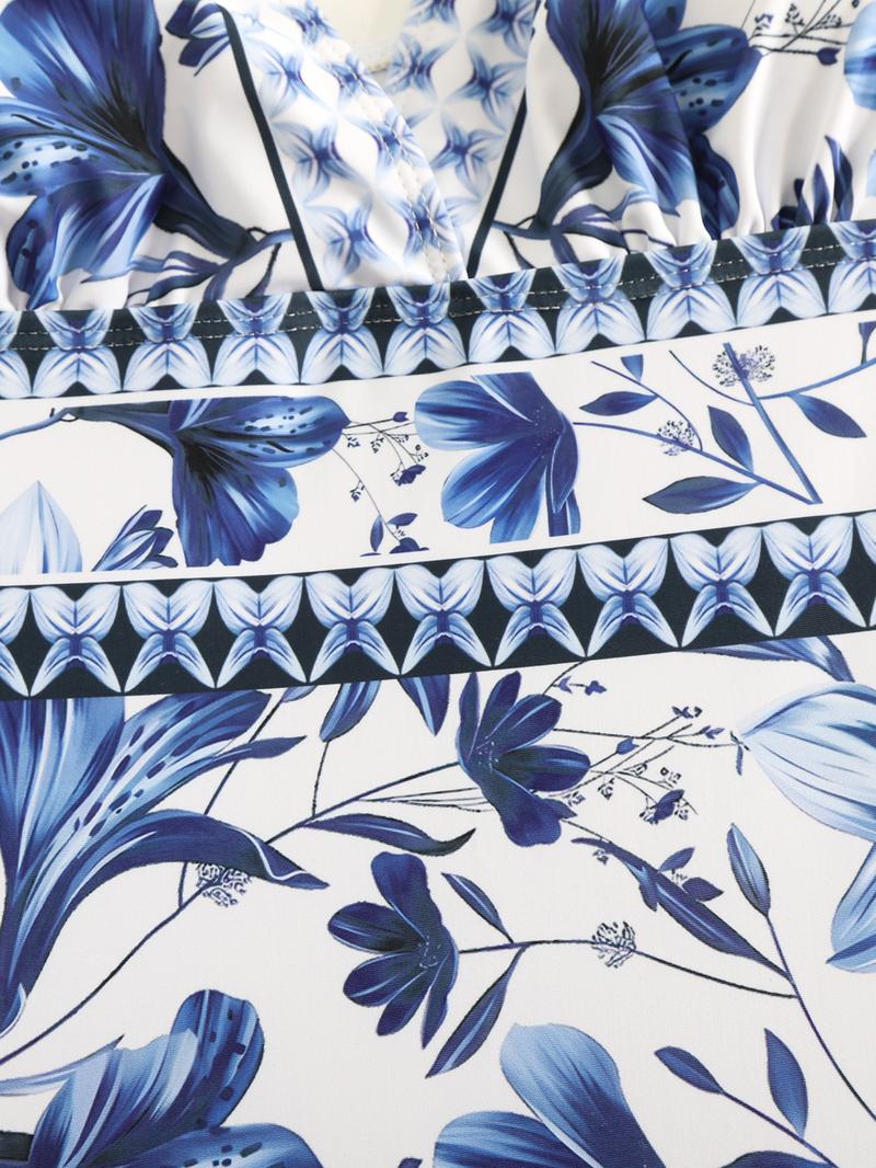 Women's V Neck Bohemian Print One-Piece Swimsuit and Matching Cover Skirt Set Summer Swimdress Swimming Vacation Beach Bathing SuitSuit Stylish Beachwear