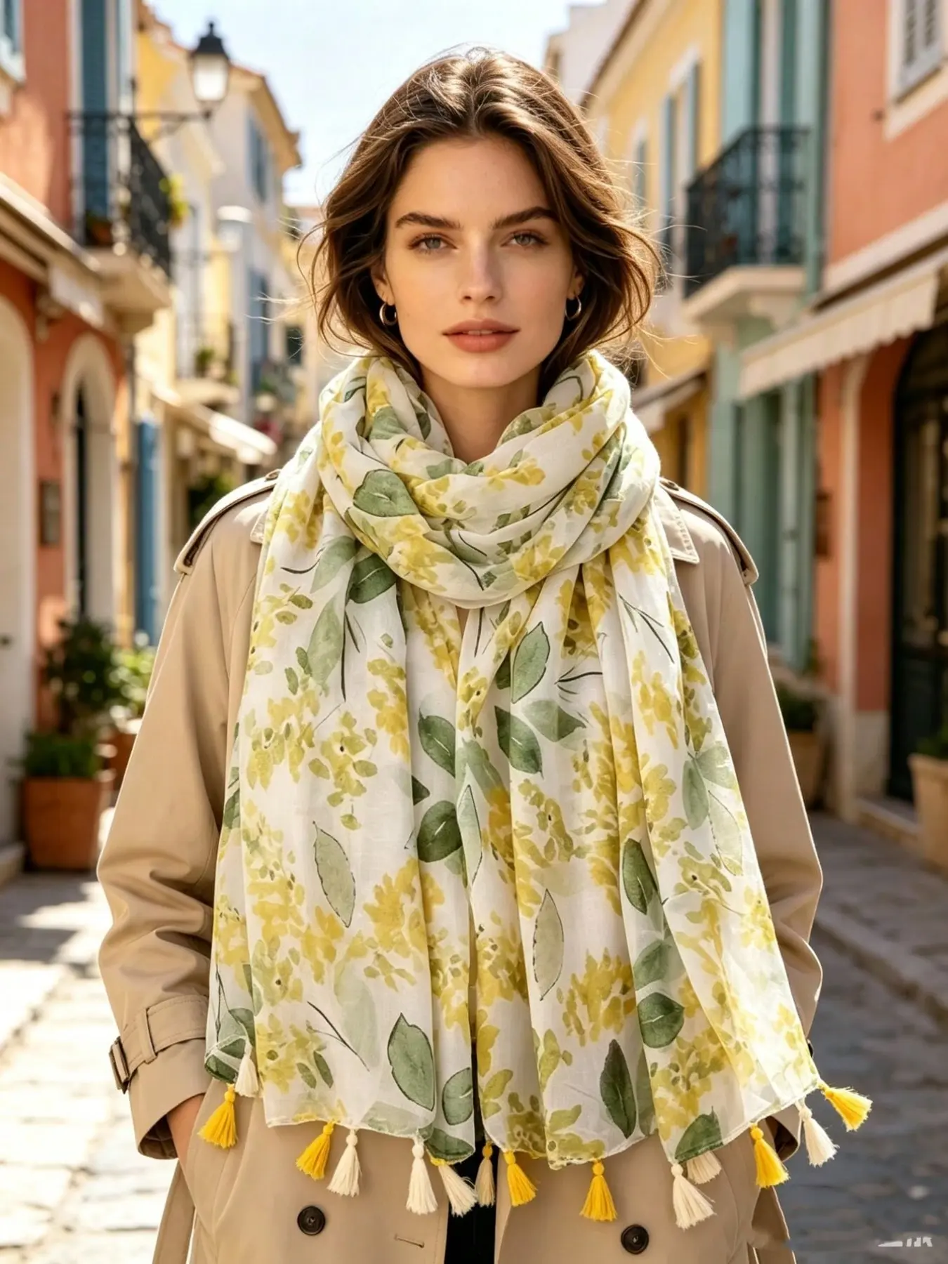 Women's Boho Style Scarf, Leaves Flowers Pattern, Soft Loose-Fit Shawl, Fashion Accessory for Travel & Beach Photos