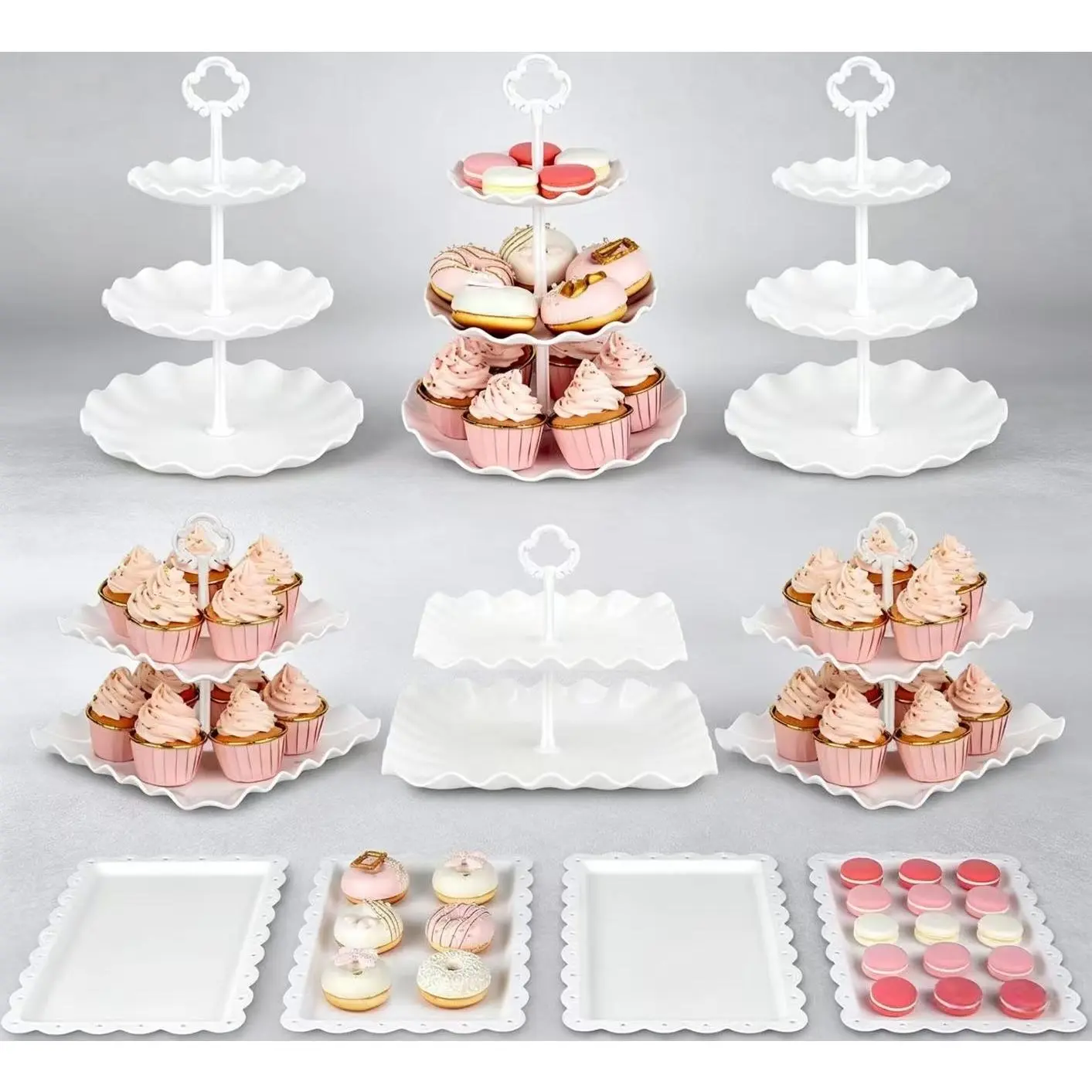 10 Pcs Cupcake Stand White Dessert Table Display Set 3 Pcs 2 Square Fruit Tray 3 Pcs 3 Tier Plastic Cake Stand Holder 4 Pcs Dessert Serving Tray Cookie Platter Rack Tower for Tea Party Wedding Baby Shower