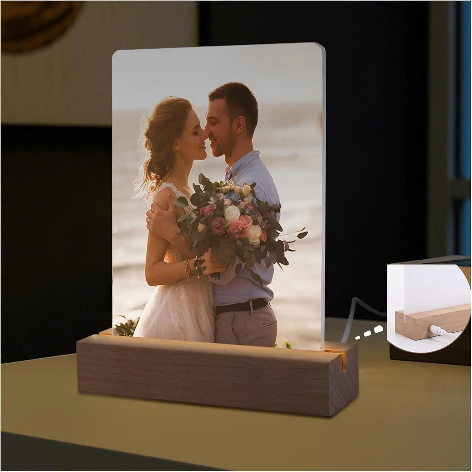 2 Pack 5" x 7" sublimation led acrylic photo frames night lights blanks heart shape,with Warm Color Light with Wood Stand for Heat Press Machine Printing