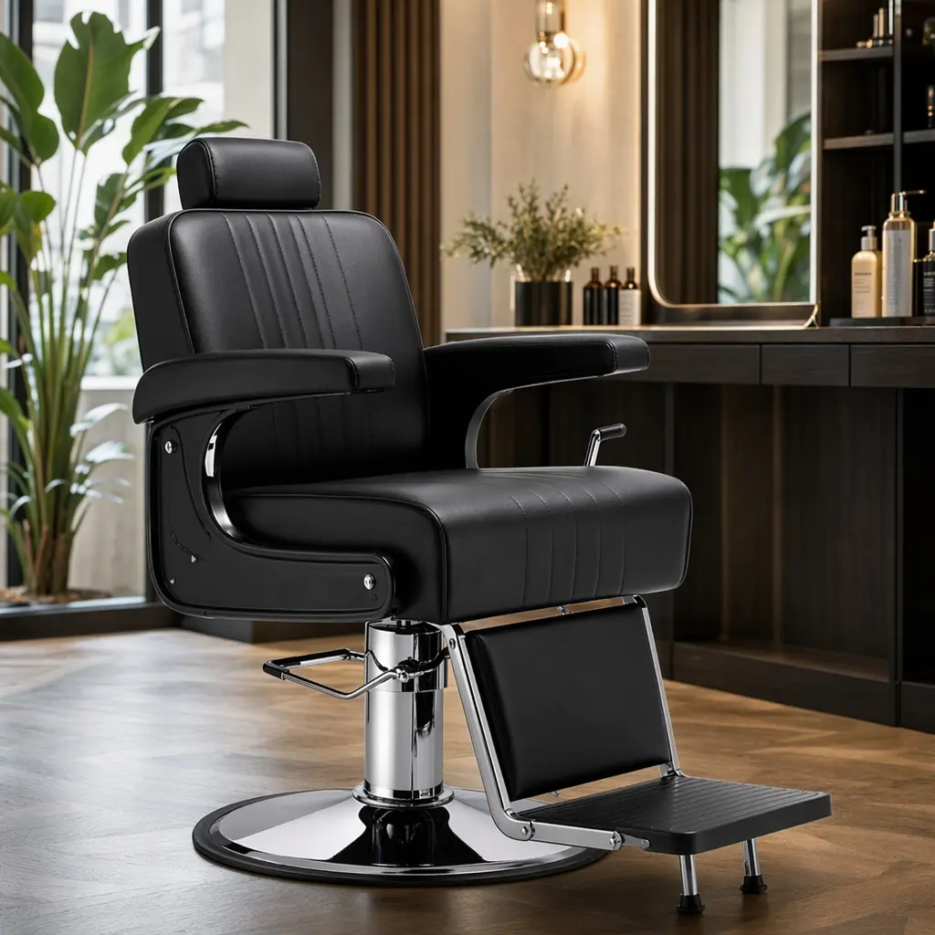 ARCH Premium Barber Chair - Black PU Leather Heavy Duty Commercial Salon Equipment, Hair Stylist Equipment with Steel Frame, Polished Chrome Base, Hydraulic Pump, Integrated Rubber Ring, 22.83x21.65x15.35 inches, Adjustable Home Studio Use, Free Shipping