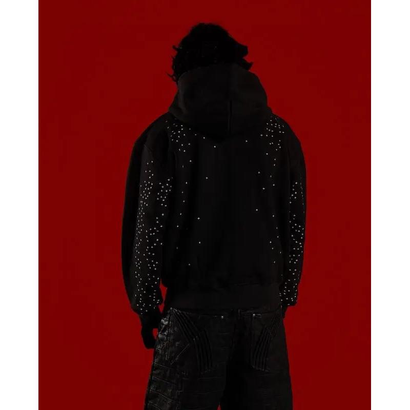 2026 Autumn Winter Starry Heavy Rhinestone Padded Shoulder Hooded Loose Jacket Tops Long Sleeve Casual Fitted Black Stretch Cotton with Pocket Geometric Print Fleece Hoodie Unisex Trendy for Daily Wear