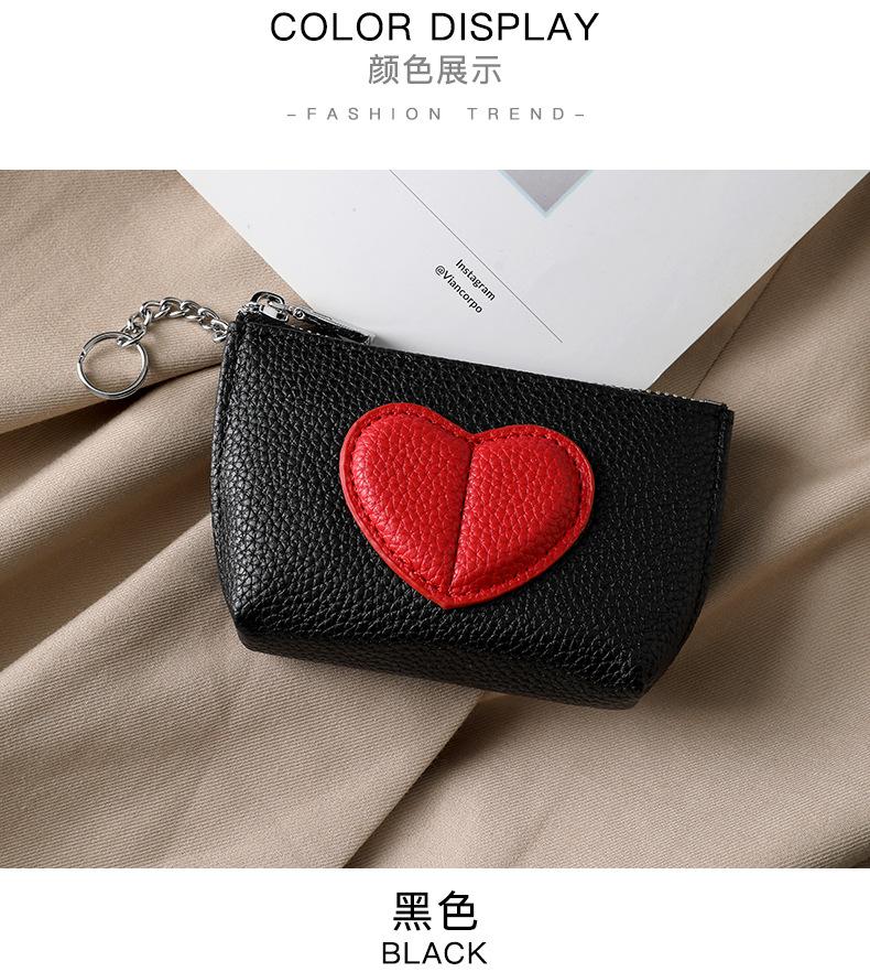 Heart-Shaped Mini Coin Purse – Cute Keychain Wallet for Women, Small Zipper Card Holder for Coins, Cash & Keys, Everyday Essential, Black with Red Heart Design