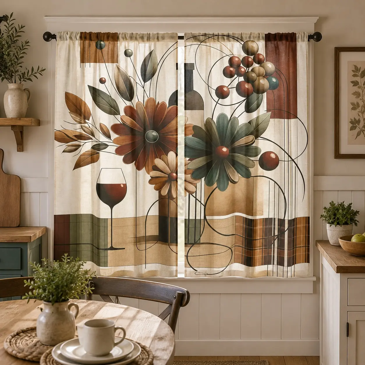 2pcs Modern Bohemian Floral Kitchen Window Curtains - Line Details, Wine Colors, Green Leaves - Autumn-Themed 2-Panel Set for Kitchen Cafe Decor, Kitchen Window Curtain