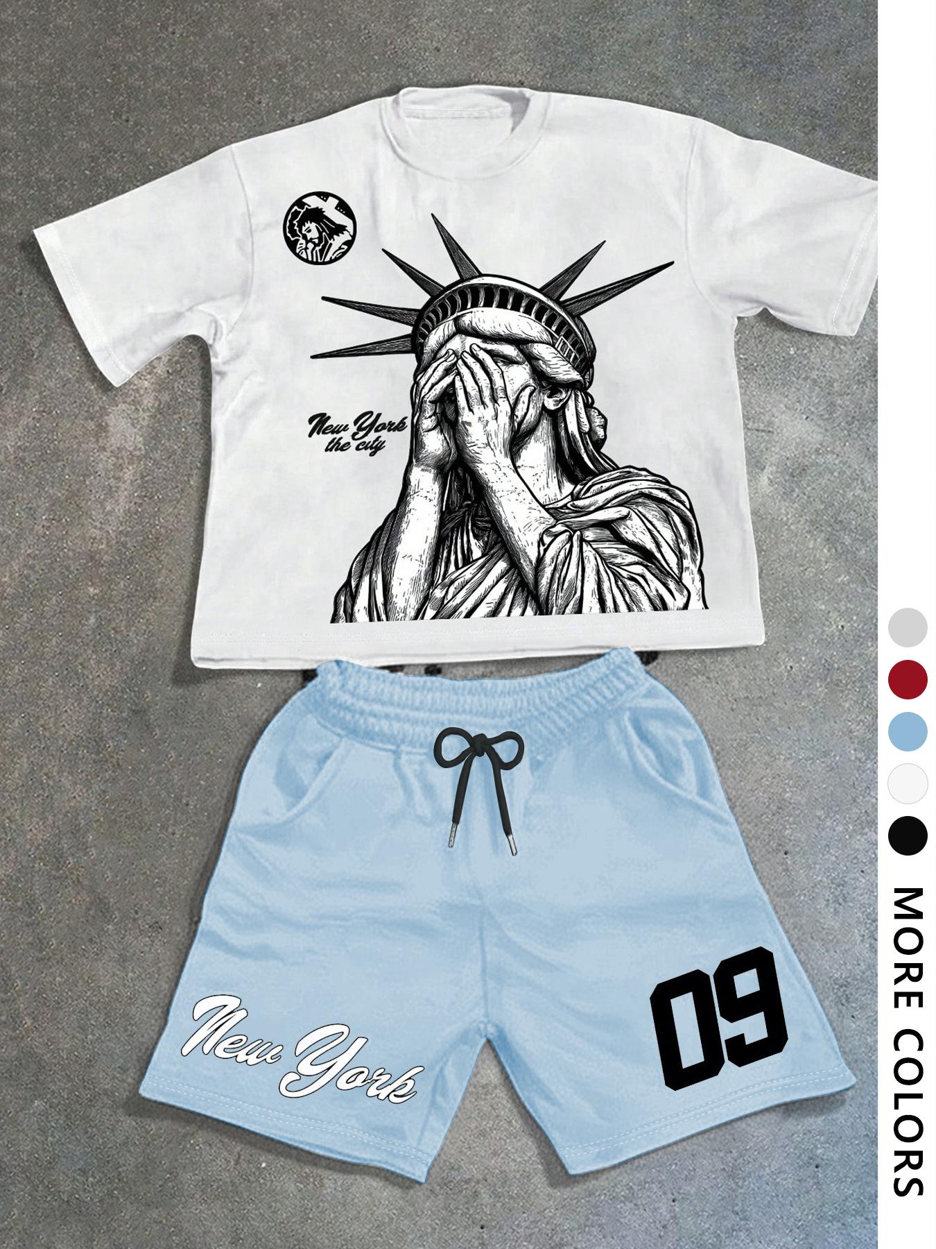 Men's Statue Of Liberty & Letter Print Short Sleeve Tee & Shorts Two-piece Set, Regular Fit Casual Round Neck T-shirt & Track Shorts, Men's Summer Clothes