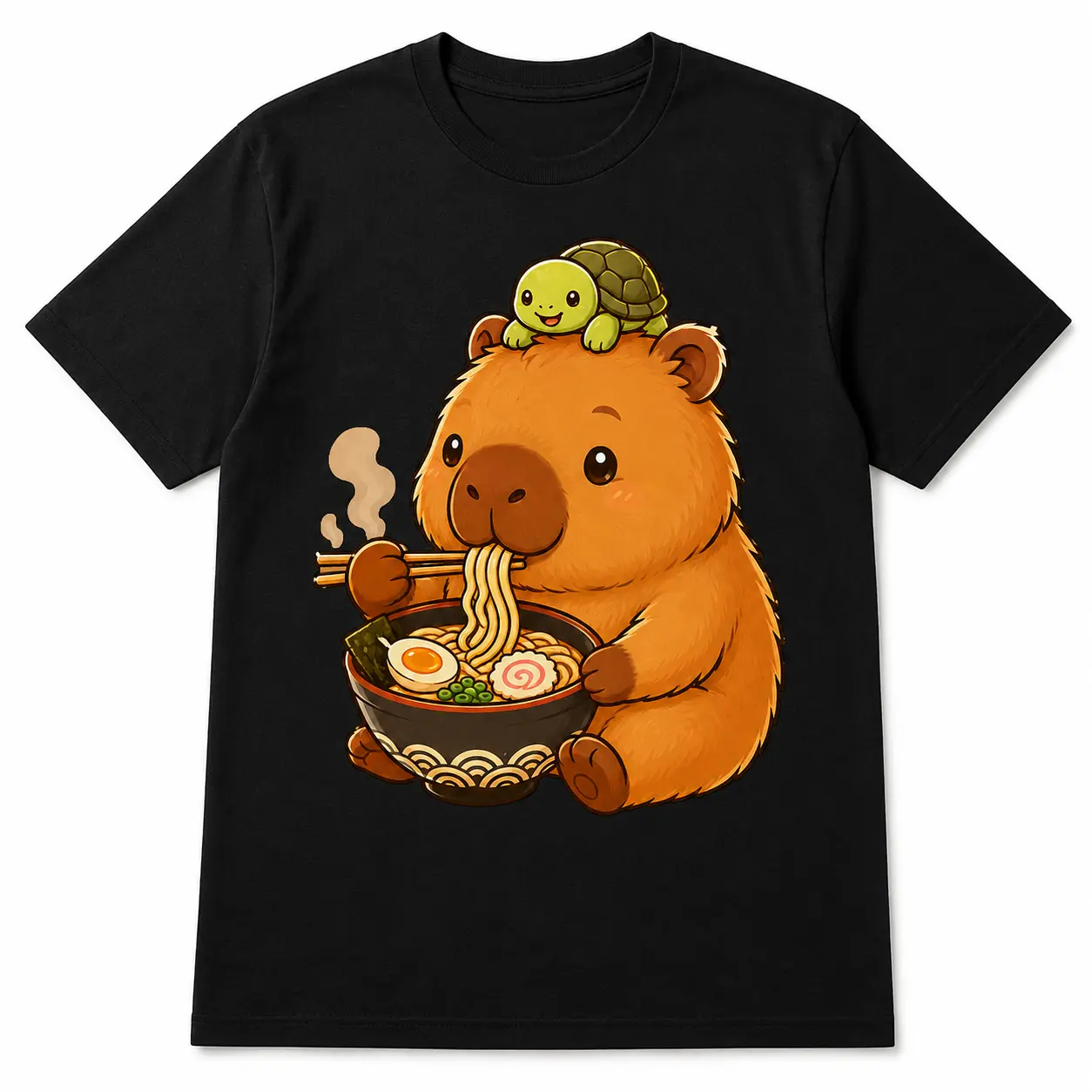 Capybara Ramen Turtle T-Shirt, Cute Kawaii Anime Animal Graphic Tee, Funny Noodle Lover Shirt, 100% Cotton Adult Unisex, Ships from USA