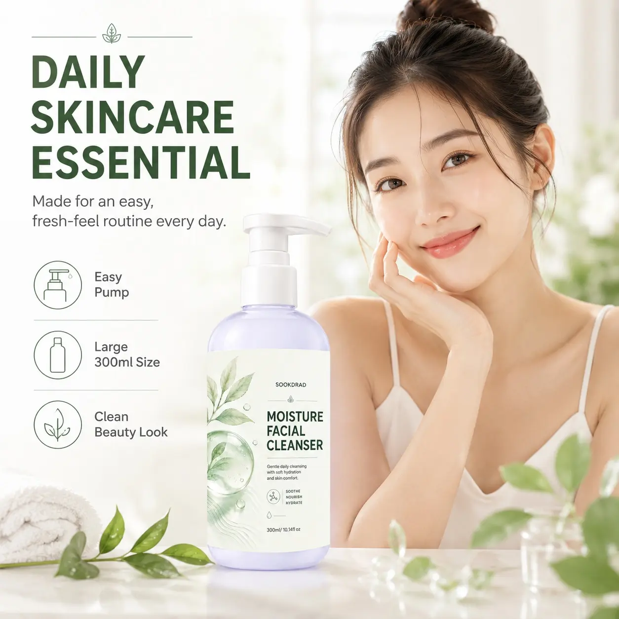 Moisture Facial Cleanser, gentle daily cleansing, soft hydration, skin comfort, soothe, nourish, facial, daily use, 300ml/10.14fl oz
