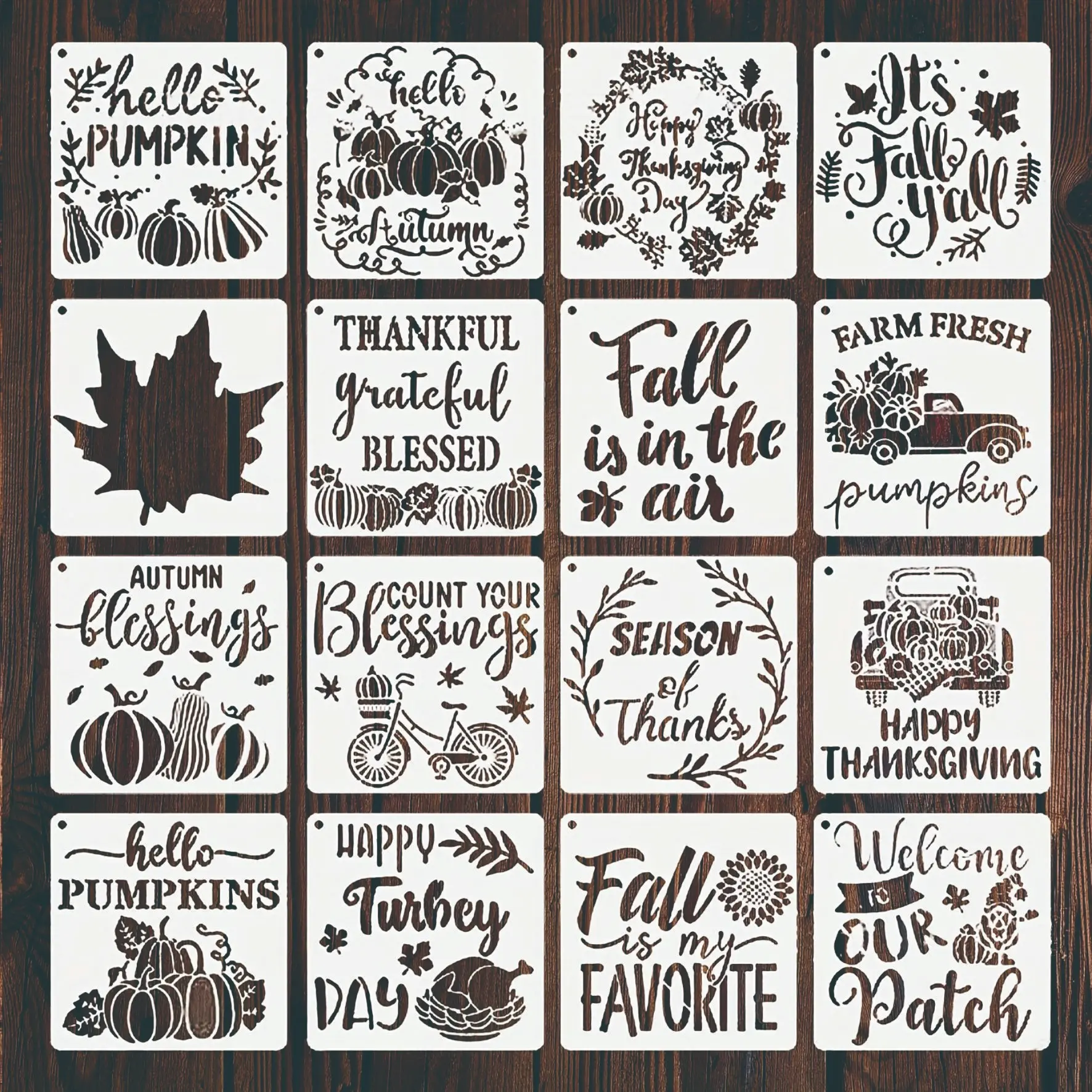 16 Fall Painting Templates Set, 6 Inch Patterns with Autumn Greetings, Pumpkins, Maple Leaves, Truck Shapes, Reusable Thanksgiving DIY Stencils