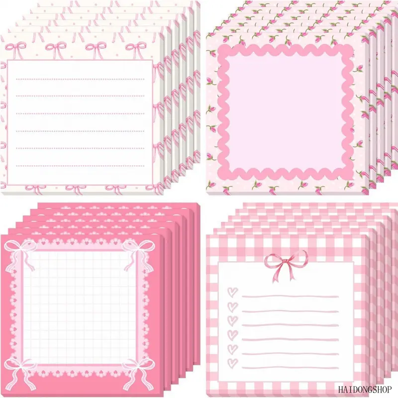 4 Pack Cute Bow Ins Style Sticky Note Pads, Reusable Repeated Adhesive Tearable Memo Sheets, Girly Minimal Stationery For Teen Students Daily Classroom Desk Back To School Outfits,heart,choker,