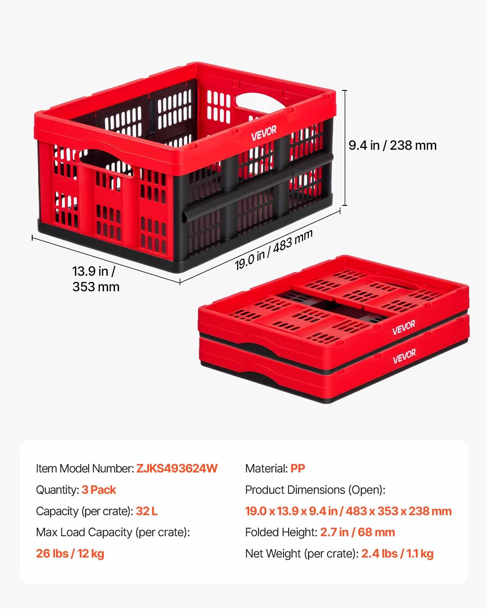 VEVOR Plastic Collapsible Storage Bins, 32L 3 Packs, Stackable Folding Storage Crates with Handles, Holds 26 lbs Per Bin, Foldable Heavy Duty Containers, Space-Saving Baskets, for Home Organizing