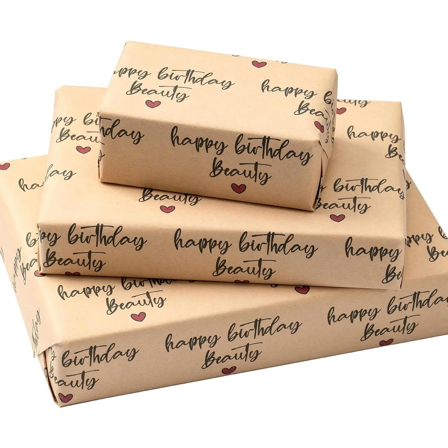Modern Funny Birthday Wrapping Paper Mini Roll - Black Happy Birthday Beauty Text, Red Hearts Design - 17x9.8 in Wrap Paper for Girls/Women, Party Use