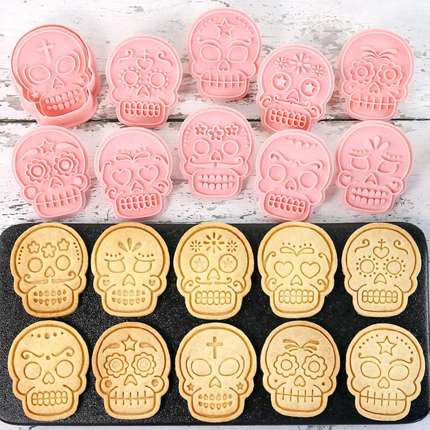 10- Day of the  Sugar Skull Cookie Cutters Set | Día de los Muertos Halloween Cookie Mold Kit,  Embossed Skull  Biscuit