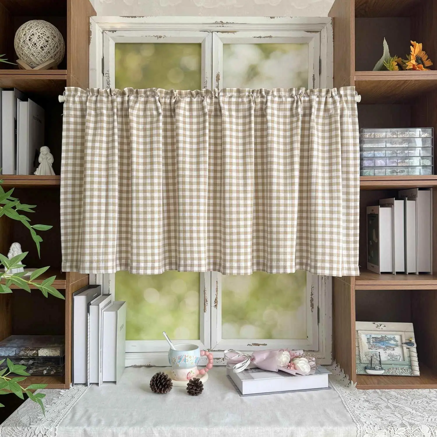 1PC Modern Apricot White Lattice Short Curtain for Kitchen Small Window Cafe Cabinet Home Decoration Blinds