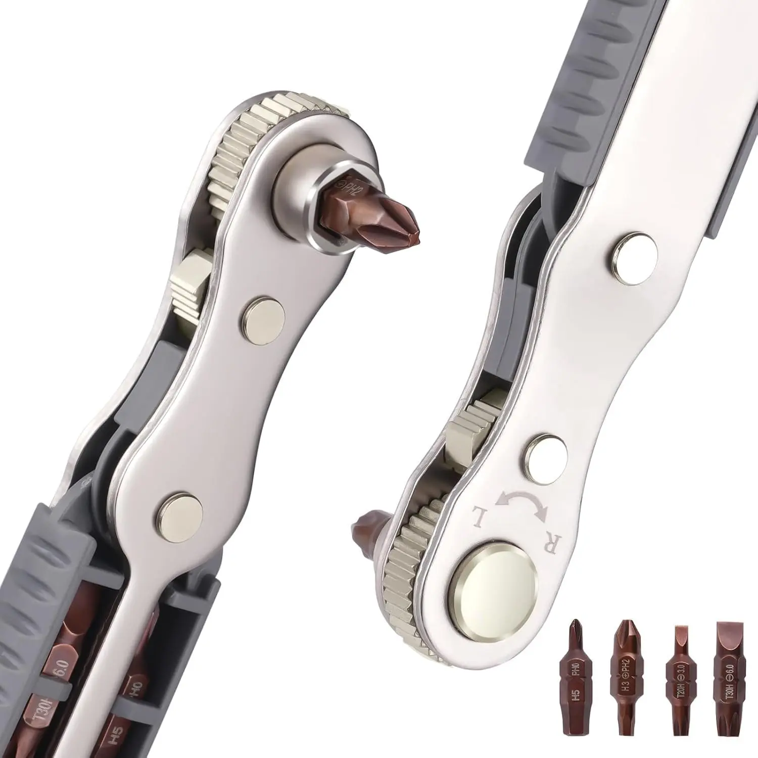 5 count Mini Ratchet Wrench Set, 1/4 Inch Drive, High Torque Offset Reversible , with Phillips, Slotted, Hex, Torx for Tight Spaces