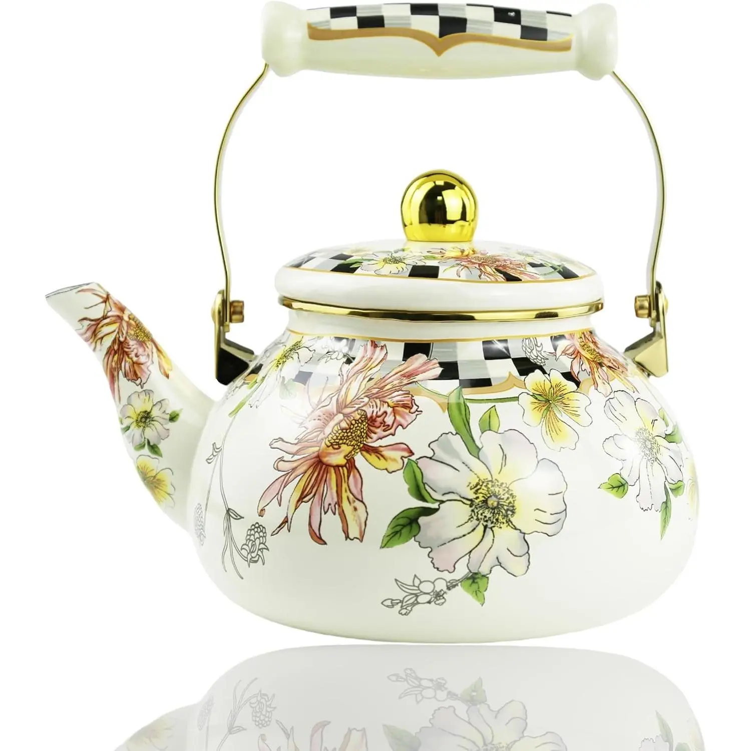 2.5L Bohemian Vintage Floral Enamel Porcelain Tea Kettle, Beige Colorful Rustic Teapot for Stovetop Hot Water Coffee, Kitchen Decor