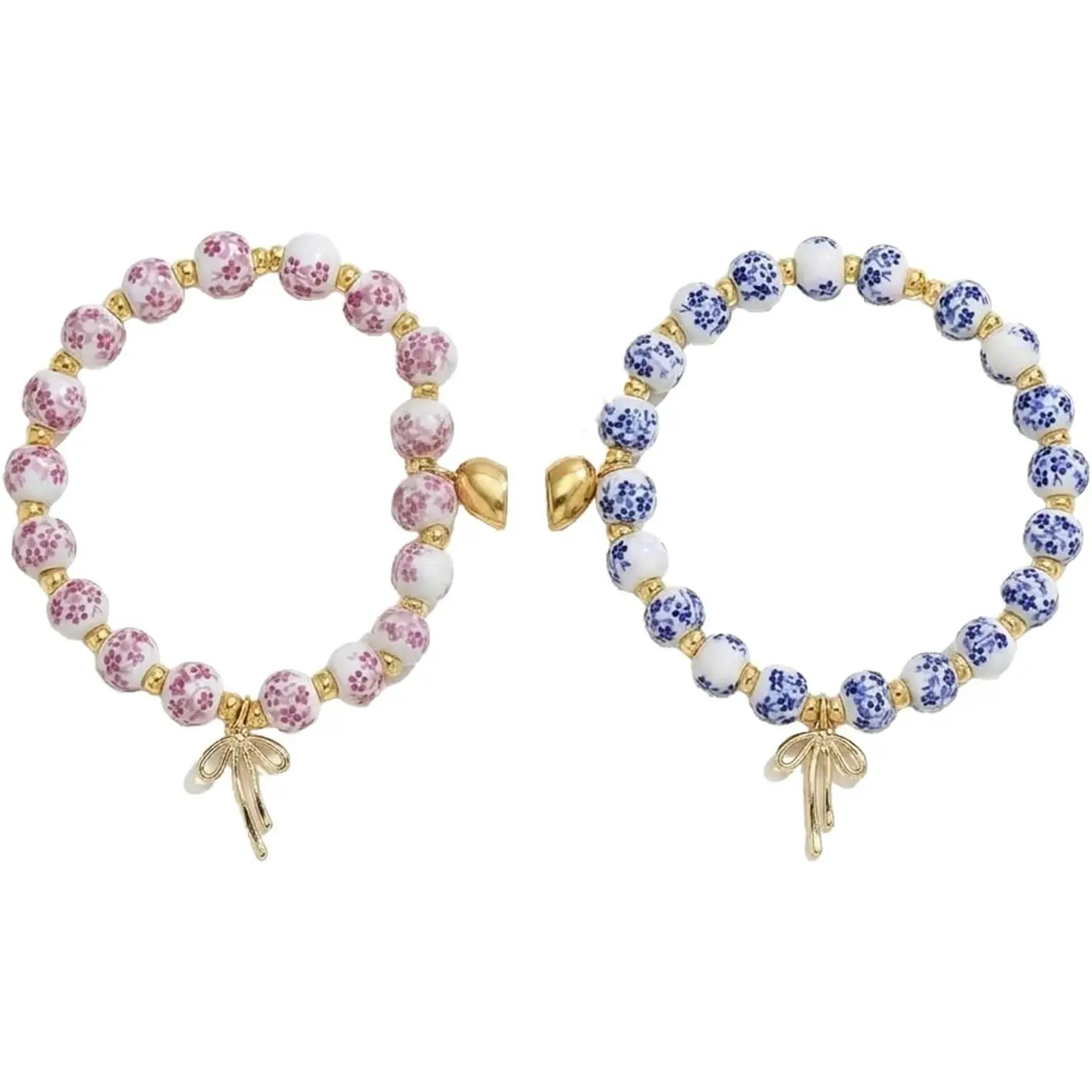 Matching Bow Bracelets for , Blue and  Porcelain Design, Friendship Bracelet Set for Two, Elegant Couple Accessories