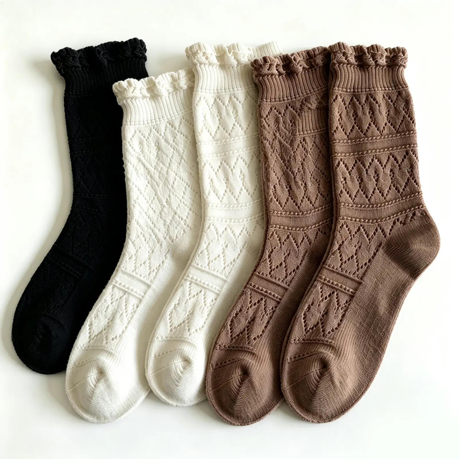 5 Pairs Ruffle Crew Socks for Women, Eyelet Knit Frilly Lace Trim Cotton Socks, Cute Vintage Casual Mid-Calf Socks