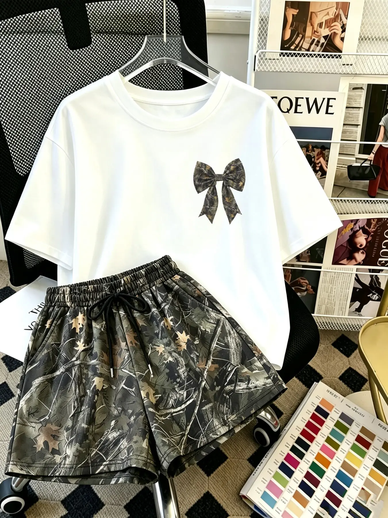 Millennial Streetwear Vintage Camouflage Shorts Set, Loose Fit Butterfly Print Tee + Drawstring Waist Pants, Y2K Casual Summer for Women