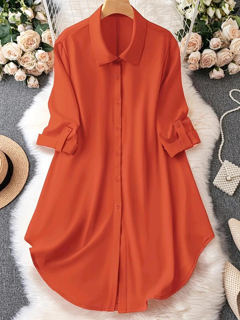 Plus Solid Long Sleeve Button Front Shirt Blouse, Casual Collared Button Up Top for Spring & Fall, Women's Clothes for Daily Wear, National Day Clothing