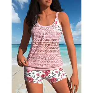 A Two-Piece Swimsuit with a Casual European And American Style, Featuring a Pinky, Hollowed-Out Top And Floral Boxer Shorts