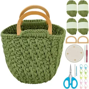 Crochet Kit-Bag for Beginners, DIY Crochet Hook Kniting Kits for Adults Complete Green Tote Bag Kits with Yarn Hook Tools Supplies Set and Easy Step-by-Step Video Tutorials