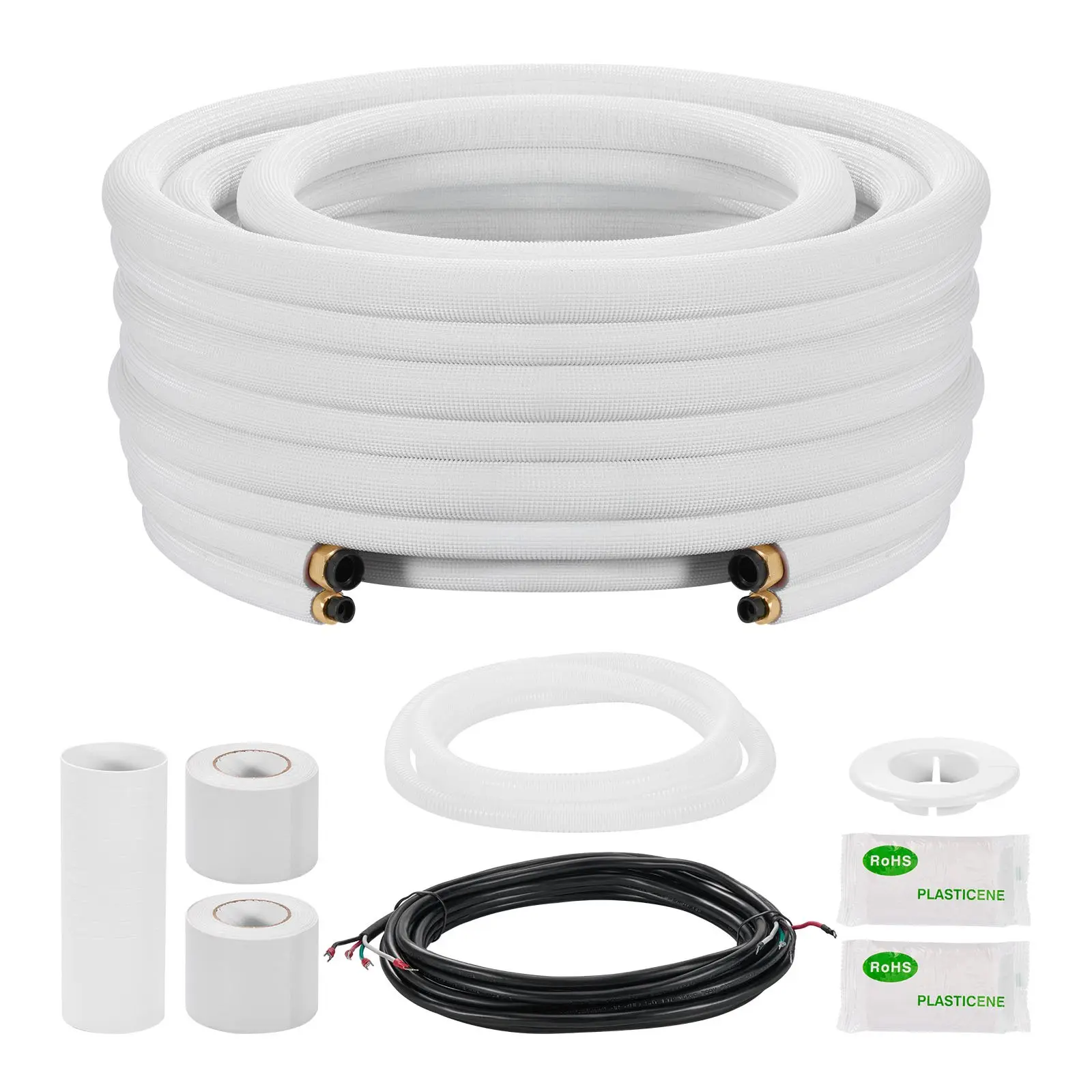VEVOR 50.0 ft Pure Copper Products Mini Split Line Set Full Kit, 1/4" & 1/2" OD AC Tubing, 3/8" White PE Thick Insulation Coil, Flared Nuts, Strapping Tape, 0.4" Components, 6.5 ft Drain Line, Rich Fittings for HVAC/Heat Pump Systems, Mini Splits, 0.4 In