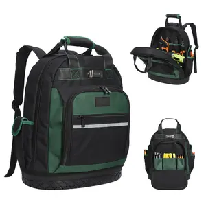 Heavy Duty Oxford Tool Backpack for Professionals - 17'' Curved Hard Base - Large Capacity, Shockproof, Multiple Compartments - Ergonomic Design for Tool Storage and Organization