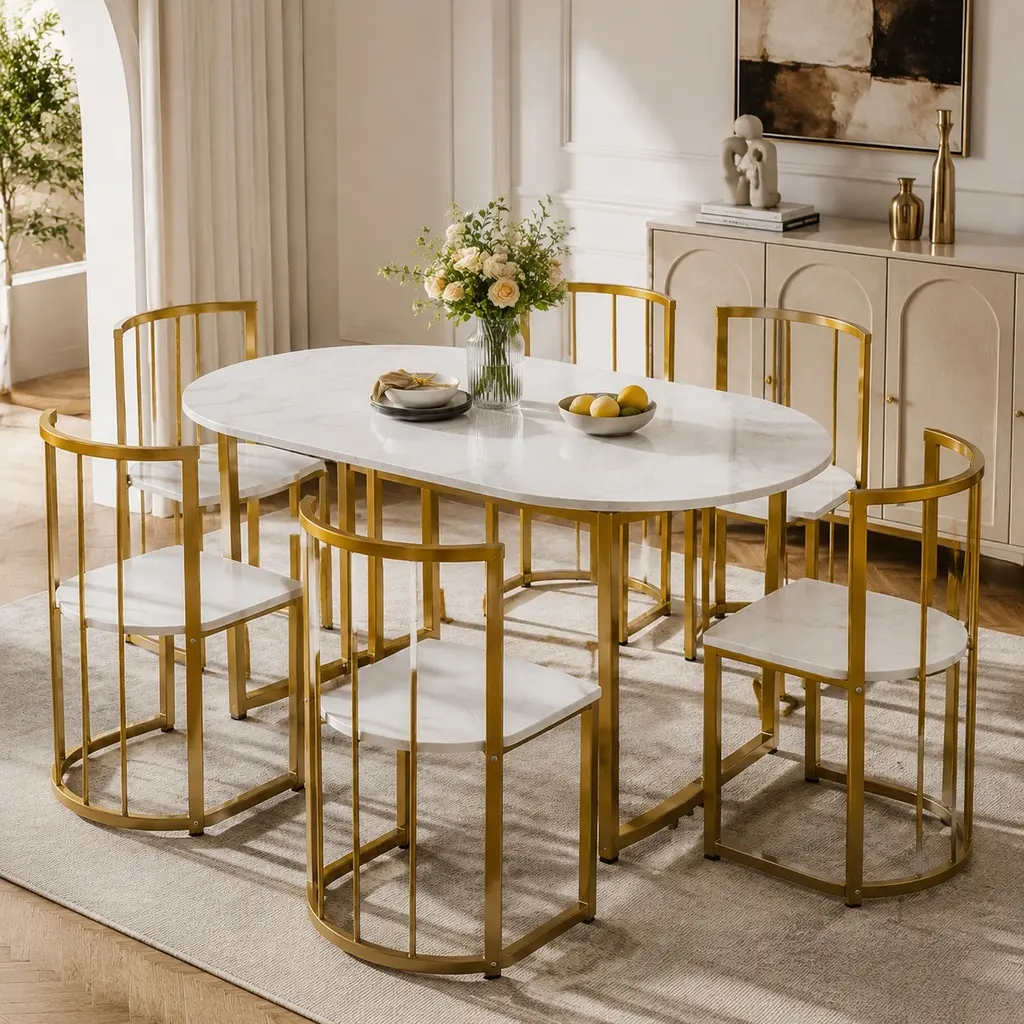 ARCH Modern 7-Piece Triangle Dining Table Set for 6 Adults, 53.5-Inch Compact Faux Marble Top, Metal-Iron Frame, Golden+White, Space-Saving, 15" L x 15" W x 28.3" H, 200 lbs on Table, 330 lbs per Chair, Assembly Required