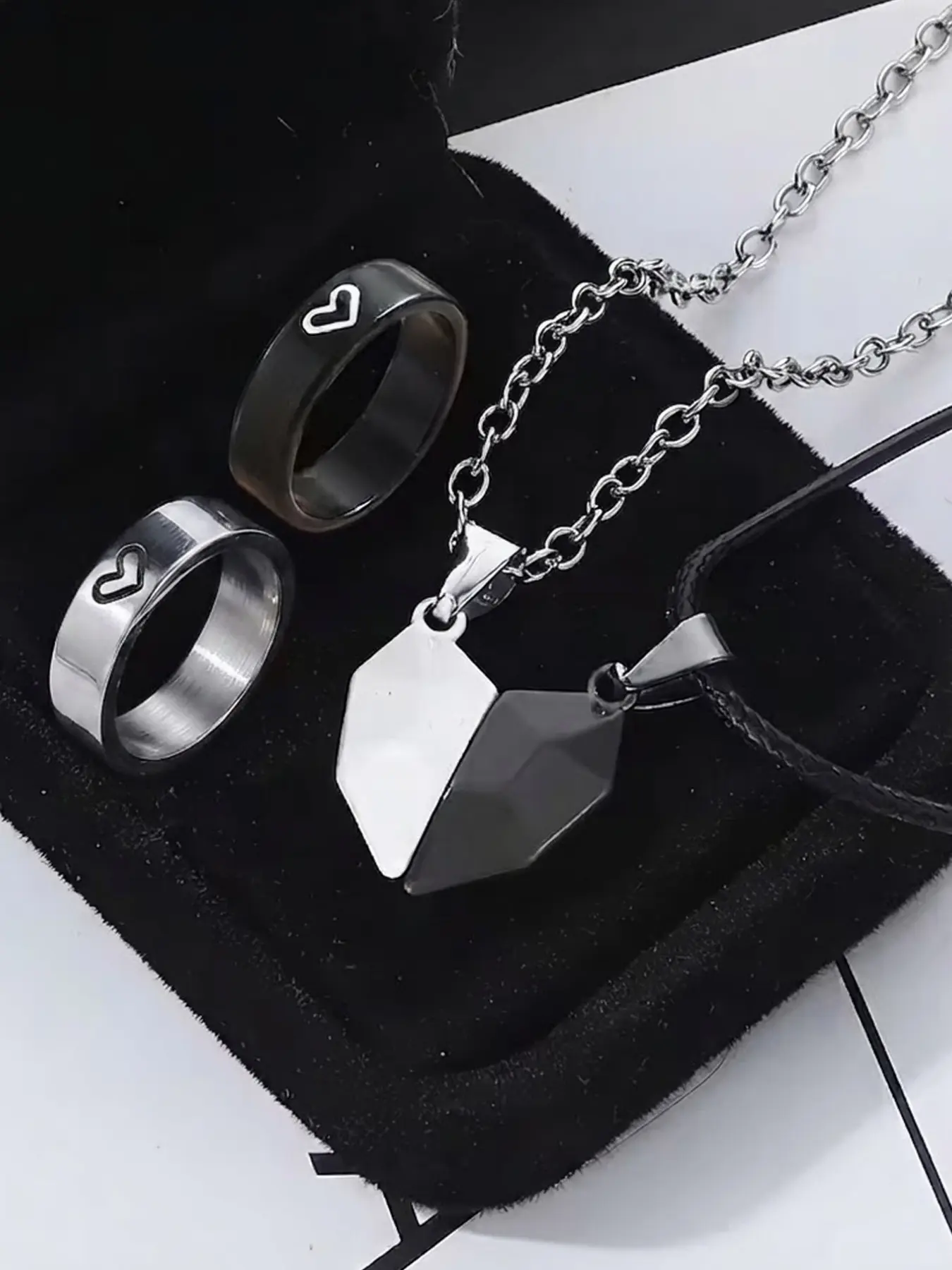 4-Piece Minimalist Silver Color Love Couple Necklace Ring Set, Couple Jewelry Set, Heart Jewelry Set, Perfect Daily Wear, Ideal Gift for Couples