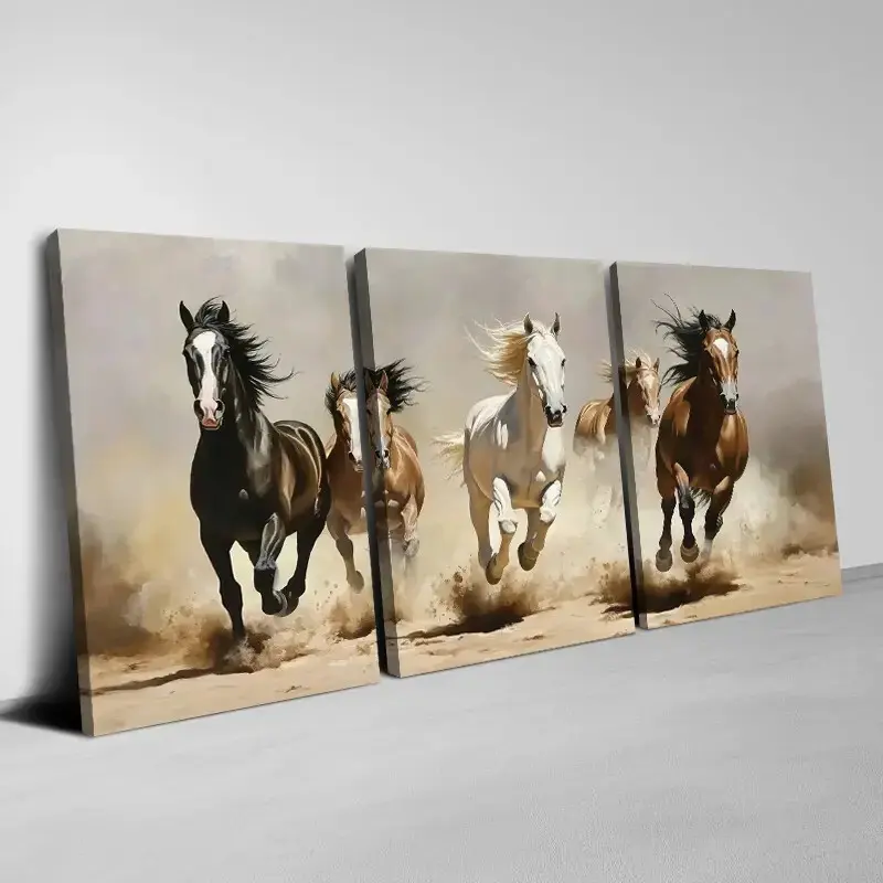 3pcs Decorative Wood Artistic Running Horses Wall Decor - Unframed/Framed Canvas Print for Home Room Decor