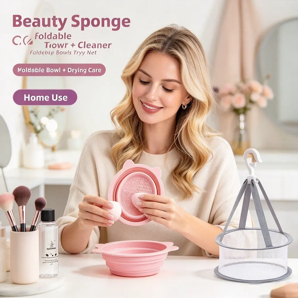 1 Set Makeup Sponge Cleaner with Foldable Wash Bowl & Hanging Drying Net, Silicone Cleaning Mat for Beauty Blender & Brushes, Portable Makeup Tool Cleaning & Drying Kit for Home & Travel, Pink