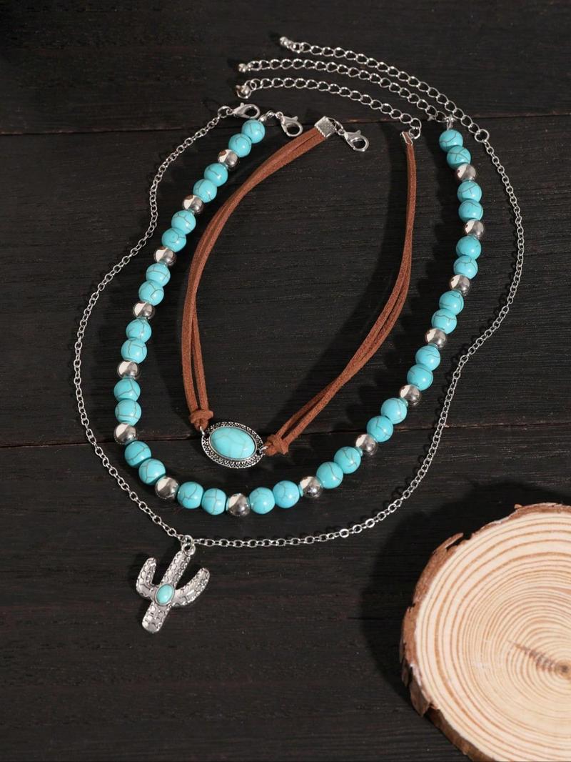 Vintage Cow Head Decor Beaded & Pendant Necklaces, Boho Style Turquoise Decor Necklace for Women & Girls, Party, Daily Clothing Decor, Birthday Gift, Daily Wear Necklace