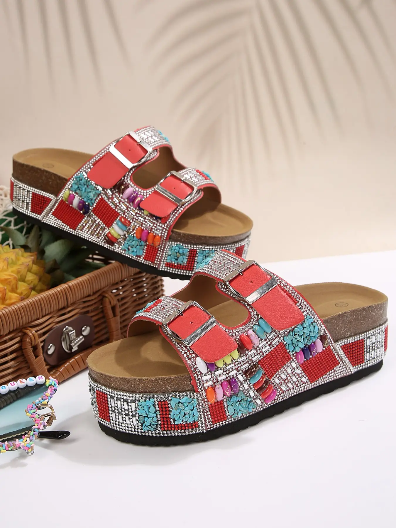 Women's Ethnic Stone Rhinestone Flip-Flops, Adjustable Buckle, Thick Sole, Casual Beach Shoes, Boho Style, Comfortable Outdoor Sandals