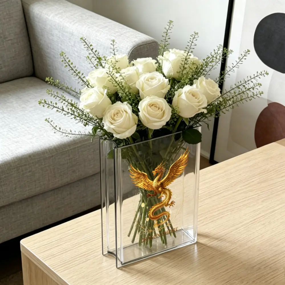 1Pc Acrylic Golden Phoenix Vase, Elegant Mythical Bird Design With Clear Rectangular Shape, Office Home Living Room Decor, Modern Table Centerpiece For Sofa Side Or Entryway