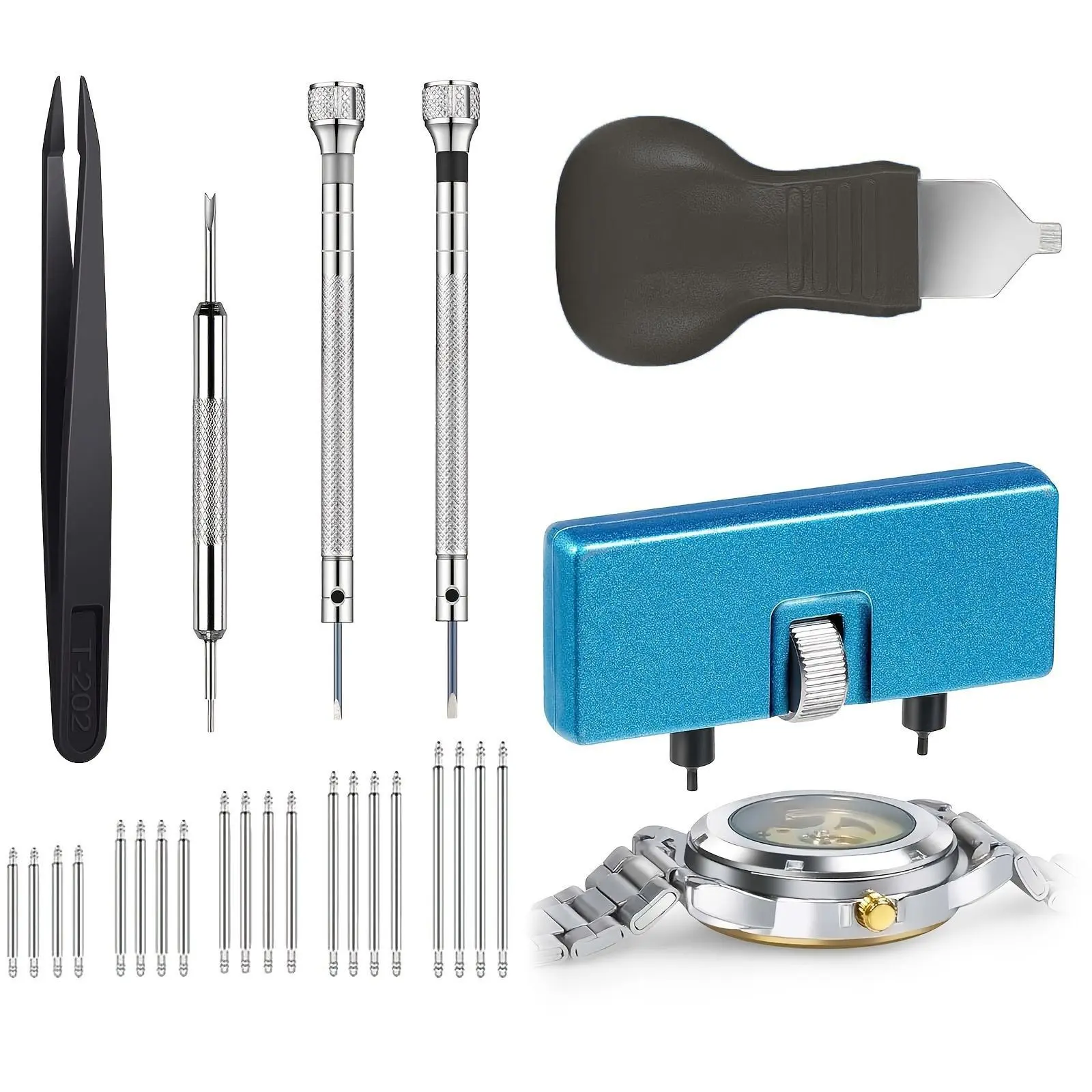 26pcs Stainless Steel Watch Repair Kit - 14-22mm, Anti-Static Tips, Double-Headed Slotted Screw Tool, Strap Removal & Replacement, Battery Replacement, Case Opening Pry for Watchmakers, Strap Repair