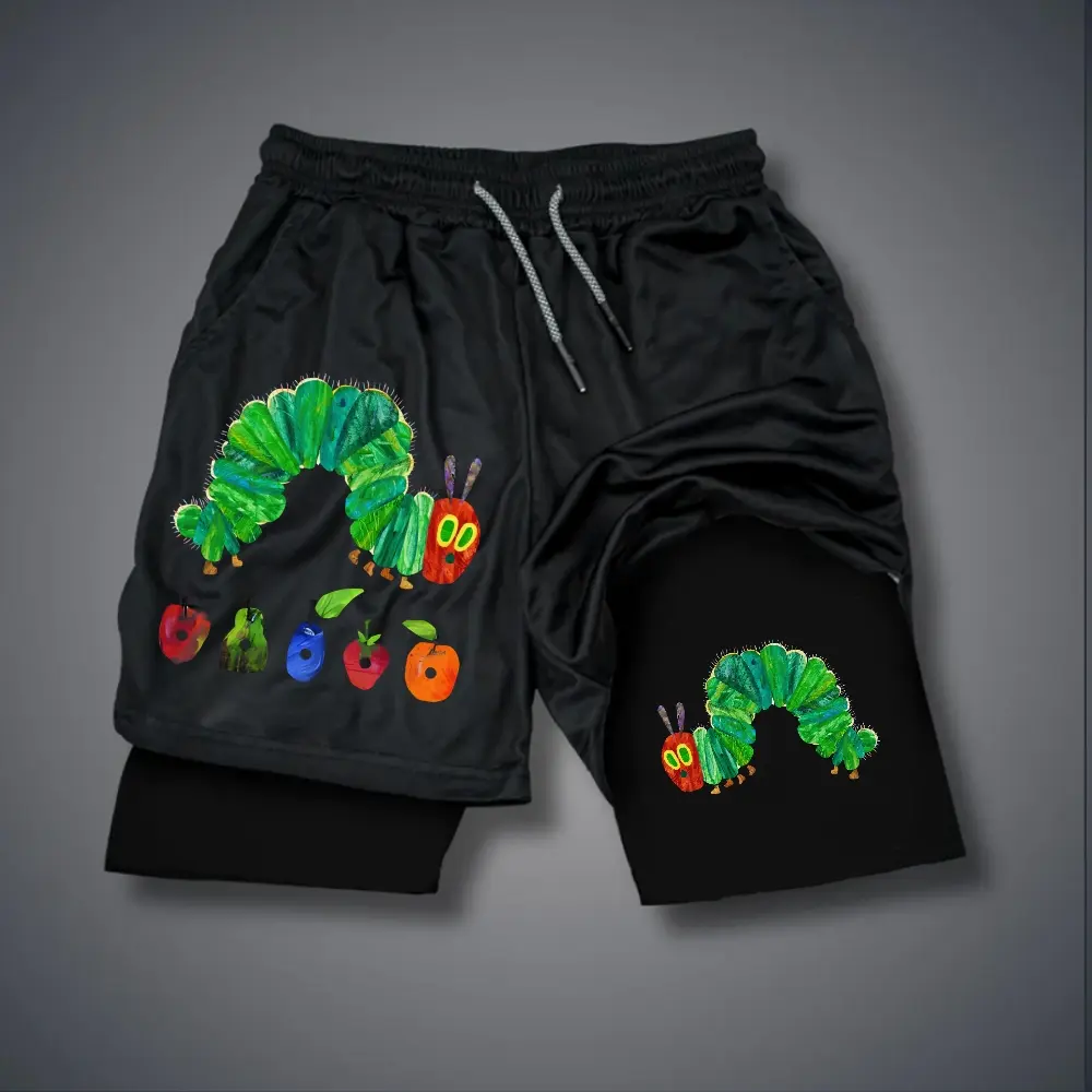 Unisex The Very Hungry Caterpillar eating fruits Graphic Double-layer Shorts Personalized Pattern Y2k Clothing Double-layer Shorts,Women's Clothing, Menswear, Vintage Style,Summer Casual Oversized