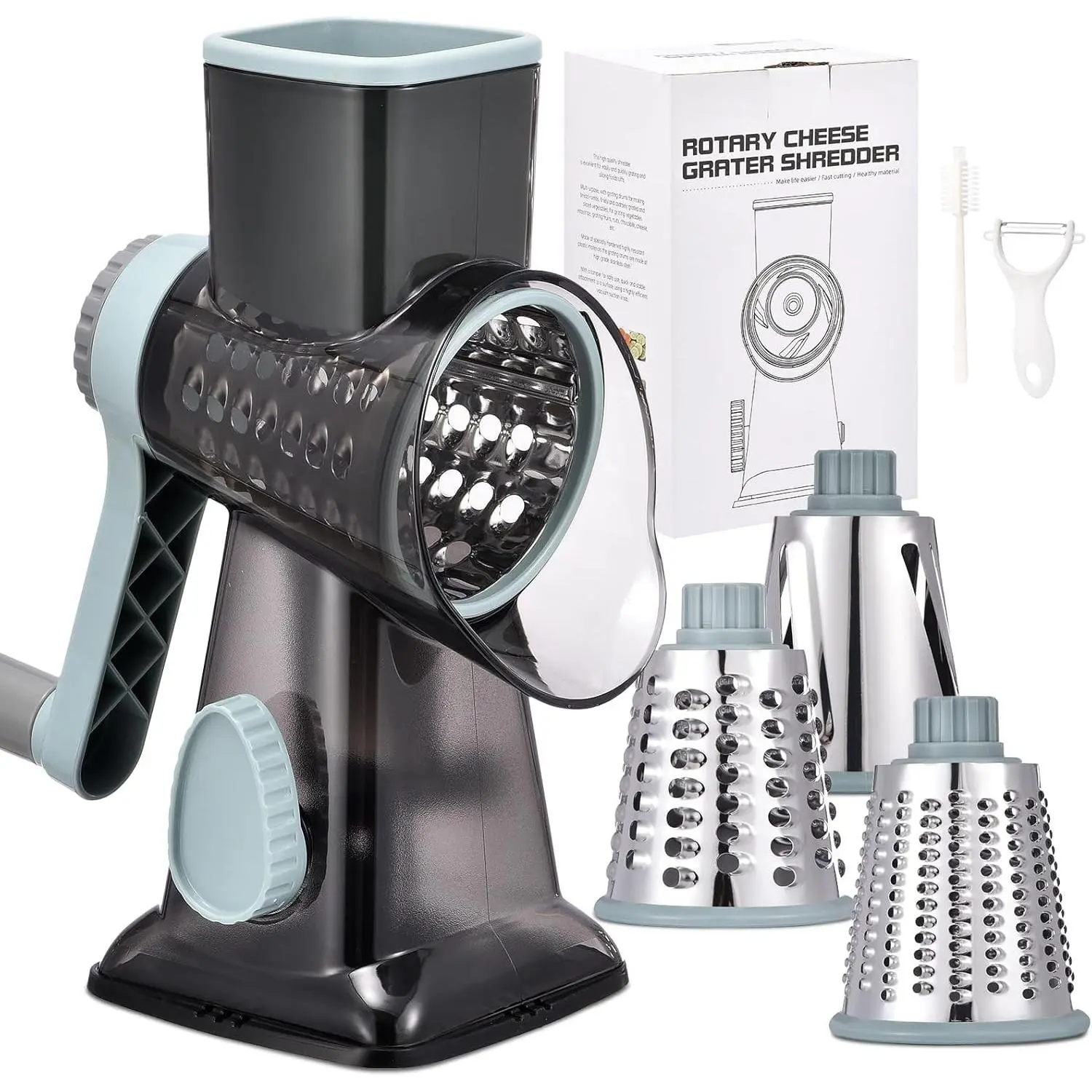 Grey-Blue Rotary Cheese Grater with Handle - Kitchen Slicer Shredder Tool, 3 Interchangeable Blades for Cheese, Vegetables, Nuts (Primary Scenarios: Shredding, Slicing)